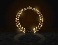 Detailed Round Golden Laurel Wreath Crown Award On Dark Background With Reflection. Gold Ring Frame Logo. Victory, Honor Achievement, Quality Product, Anniversary. Vector Illustration