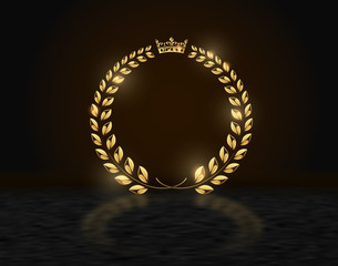 detailed round golden laurel wreath crown award on dark background with reflection. gold ring frame 