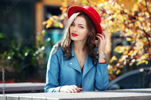 Beautiful Happy Smiling Girl With Long Hair Red Lips Wearing