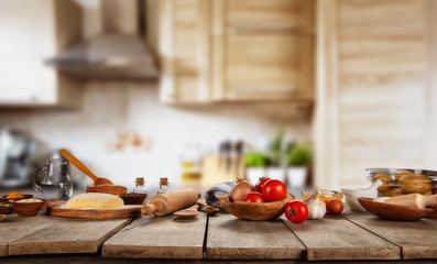 Wall Mural - Kitchen Baking and cooking ingredients placed on wooden table