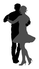 Elegant latino dancers couple vector silhouette illustration isolated on white background. Mature tango dancing people in ballroom night event.