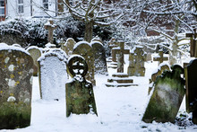 Rsnow Scene Grave Yard Graves And Headstones Covered In White Snow