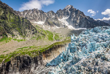 View On Argentiere Glacier. Hiking To Argentiere Glacier With The View On The Massif Des Aiguilles Rouges In French Alps