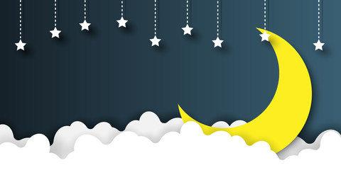 Poster - Night scene with clouds,stars and crescent moon on midnight sky background paper art style design.Vector illustration.