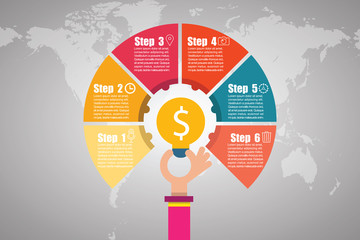 Circular vector infographic has 6 business start-up concepts with mobile light bulbs that are making money. Illustrator Eps 10