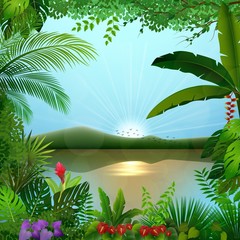 Wall Mural - Tropical jungle landscape with river and mountains