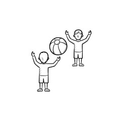 Canvas Print - Child playing with friend hand drawn outline doodle icon. People playing with inflatable ball vector sketch illustration for print, web, mobile and infographics isolated on white background.