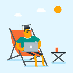 Canvas Print - Caucasian graduate lying in chaise longue under beach umbrella. Young graduate in graduation cap working on a laptop on the beach. Online education concept. Vector cartoon illustration. Square layout.