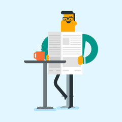 Wall Mural - Caucasian man reading a newspaper in the cafe. Young man reading news in a newspaper. Man sitting with a newspaper in hands and drinking coffee. Vector cartoon illustration. Square layout.