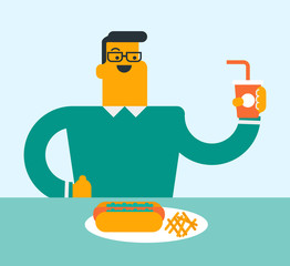 Sticker - Young caucasian white man having lunch in a fast food restaurant. Man eating hot dog, french fries and drinking soda pop. Concept of fast food and unhealthy nutrition. Vector cartoon illustration.