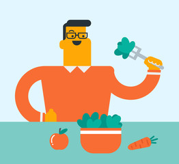 Poster - Happy caucasian white man eating healthy vegetable salad. Young man holding fork and bowl with fresh healthy vegetable salad. Vector cartoon illustration. Square layout.