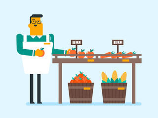 Sticker - Caucasian white seller standing near the stand with fruit and vegetables. Young farmer selling fruit and vegetables at the agriculture market. Vector cartoon illustration. Horizontal layout.