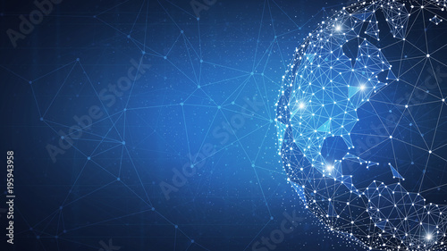 Fotografía Blockchain technology futuristic hud background with world globe and blockchain polygon peer to peer network