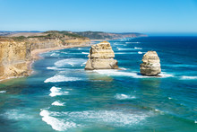 Two Of Twelve Apostels With Blue Ocean And Cloudless Sky At The Great Ocean Road, Victoria, Australia