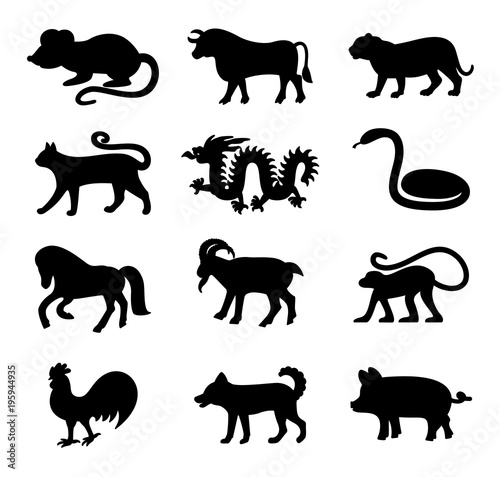 Chinese Horoscope Black Silhouette Rat Bull Tiger Cat Dragon