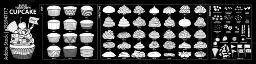 Fotografía Set of isolated white silhouette cups, frosting and toppings for build your own cupcake