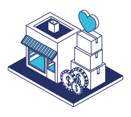 Sticker - store building with boxes carton isometric icon vector illustration design