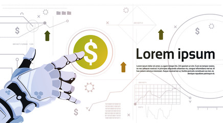 Poster - robotic hand touch dollar sign button on digital screen banner with copy space flat vector illustrat