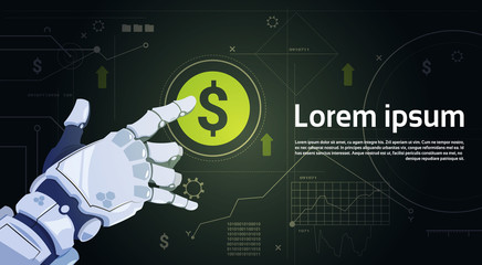 Poster - robot hand touch digital dollar sign button money protection concept banner with copy space flat vec