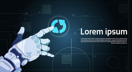 Poster - Robot Hand Touch System Update Button On Digital Screen Banner With Copy Space Flat Vector Illustration