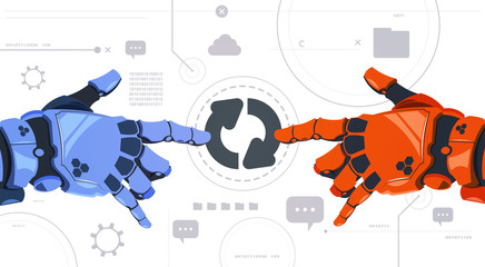 Poster - two robotic hands touch updating button on digital screen abstract modern technology background flat