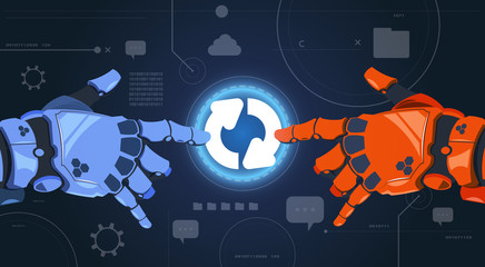 Poster - robot hands touching digital button of system update on modern screen abstract technology icons back