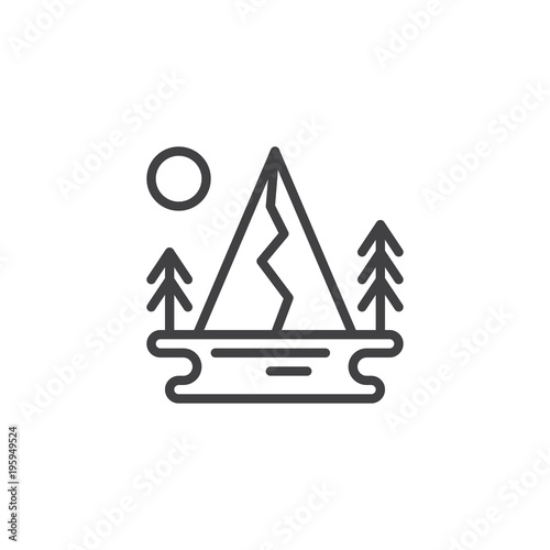 Lake Mountain Forest And Sun Outline Icon Linear Style Sign For