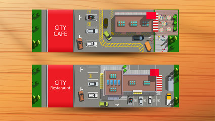 Canvas Print - Horizontal banners with top view city cafe with parking