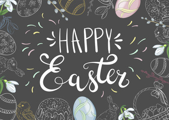 Wall Mural - Easter background with traditional decorations. Easter greeting with colored eggs, festive cake, rabbit, etc. 