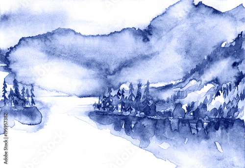 Watercolor Mountain Landscape Blue Purple Mountains Peak