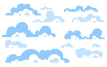 Cartoon Blue Sky With Clouds On The Shiny Day. Silhouette Of White Fluffy Clouds Isolated On White Background. Vector Set  