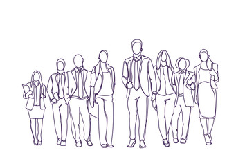 Wall Mural - Businesspeople Group Hand Drawn Moving Forward Over White Background, Team Of Sketch Business People Vector Illustration