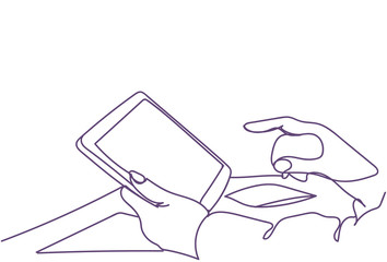 Poster - Hands Hold Digital Tablet Computer With Empty Screen Doodle Closeup Vector Illustration