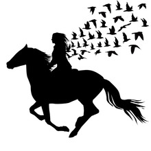 Abstract Illustration Of Woman Riding A Horse And Birds Silhouettes