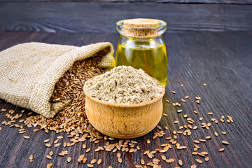 Poster - Flour linen in bowl with oil and seeds on board