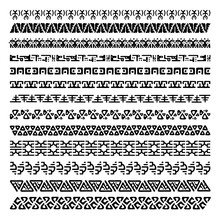 Vector Set Of 13 Decorative Geometric Seamless Borders In Ethnic Style. Collection Of Pattern Brushes For Frames. Aztec Tribal Ornaments. Freehand Drawing. Black And White.