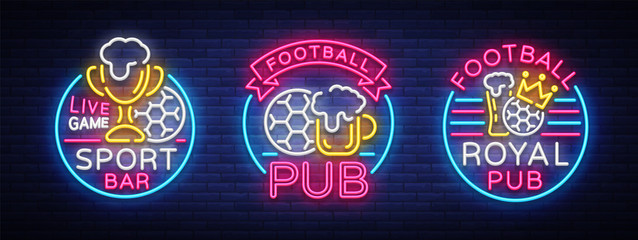 Wall Mural - Sports bar collection of logos in neon style. Set neon signs, soccer fan club, light banner label beer and soccer ball or bowl for live gaming tournaments or championships team. Vector illustration