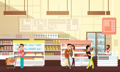 Canvas Print - People shopping in grocery store. Supermarket retail interior with customers flat vector illustration