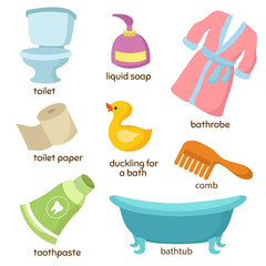 Sticker - Cartoon bathroom vector equipments. Toilet, sink and bathtub