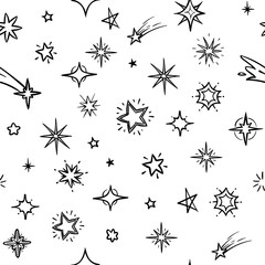 Wall Mural - Hand drawn sky with doodle stars vector seamless background. Grunge outer space repeating pattern