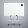 Office presentation whiteboard on tripod. Blank classroom white noticeboard 3d vector illustration