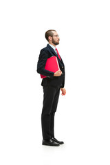 Wall Mural - Full body portrait of businessman with folder on white