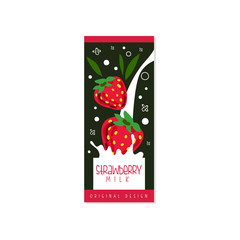 Sticker - Strawberry milk logo original design, label for natural healthy dairy product with fresh fruit vector Illustration