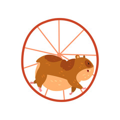 Wall Mural - Cute cartoon hamster character running in wheel, funny brown rodent animal pet vector Illustration on a white background