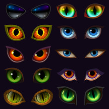 Cartoon Eyes Vector Devil Eyeballs Of Beast Or Monster And Animals Scary Expressions With Evil Eyebrow And Eyelashes Illustration Set Of Vampire Eyesight Isolated On Black Background