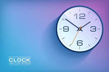Poster - Realistic simple Clock in flat style with numbers, watch on purple and blue background. Business illustration for you presentation. Vector design object