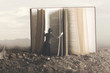 surreal image of a curious woman leafing through a giant book