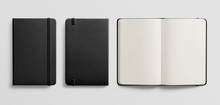 Photorealistic Black Leather Notebook Mockup On Light Grey Background.