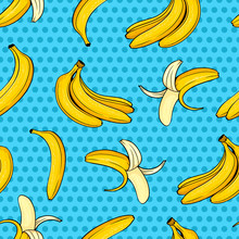 Different Hand Drawn Yellow Banana On Blue Dots Background. Vector Comic Seamless Pattern In Pop Art Retro Style.