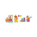 Fototapeta Pokój dzieciecy - Funny parrot, tiger and fox with balloons on train. Gift boxes in little wagon. Cartoon animals characters. Colorful flat vector design for print, poster or greeting card
